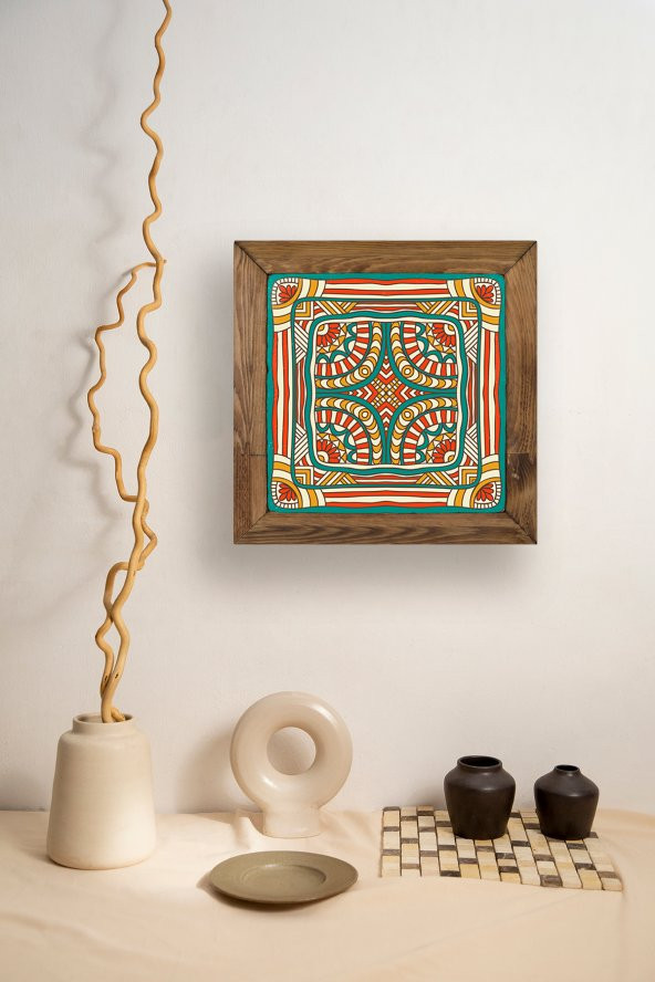 Limra Doğal Taş Tablo Dekoratif  Eskitme Ahşap Çerçeveli Ev ve Duvar Dekoru 26,5x26,5cm Etnik Desen