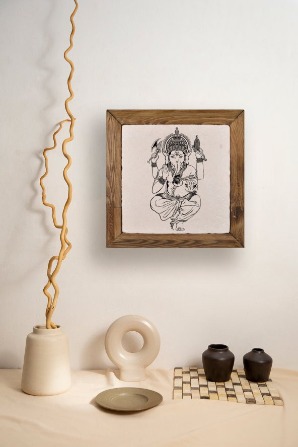 Çerçeveli Taş Duvar Dekoru Ganesha Baskılı