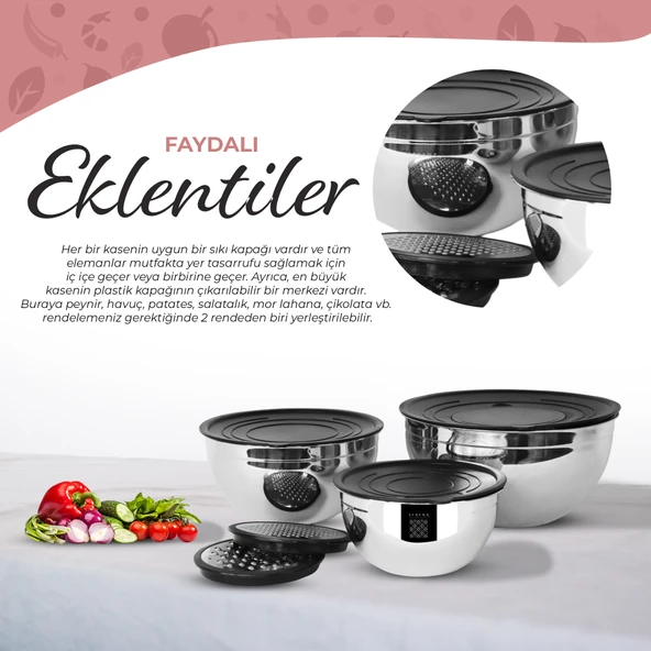 Serenk Modernist Rendeli Çelik Karıştırma ve Saklama Kabı Seti 16-20-24 cm - 5