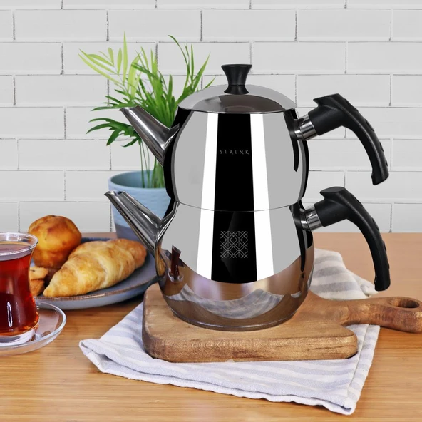 Serenk Modernist Çelik Çaydanlık, 1 L Demlik, 1.5 L Alt Hazne, İndüksiyon Uyumlu - Resim 3