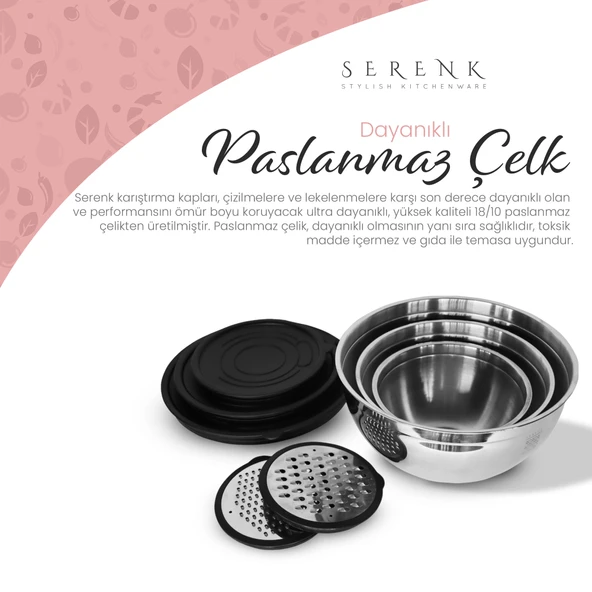 Serenk Modernist Rendeli Çelik Karıştırma ve Saklama Kabı Seti 16-20-24 cm - 7
