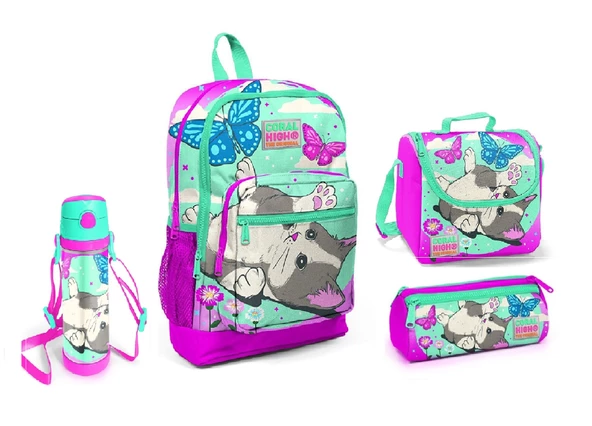 Coral High Yeşil Kedi Desenli Beslenme Okul Çantası Kalemlik + Matara