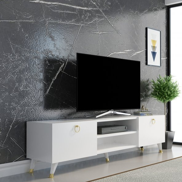 DEKORMİA OMAR MODERN GOLD TV ÜNİTESİ 150 CM PARLAK BEYAZ