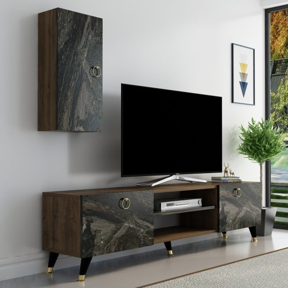 DEKORMİA MOON GOLD TV ÜNİTESİ 180 CM CEVİZ MERMER