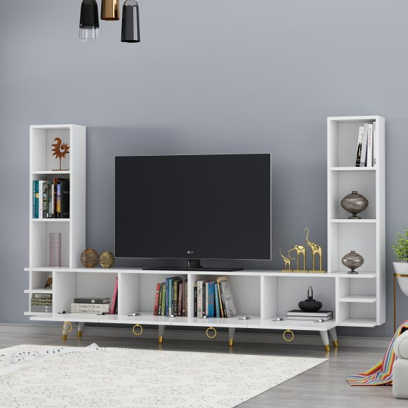 DEKORMİA GOLD EDDA TV ÜNİTESİ PARLAK BEYAZ 223 CM - Resim 4