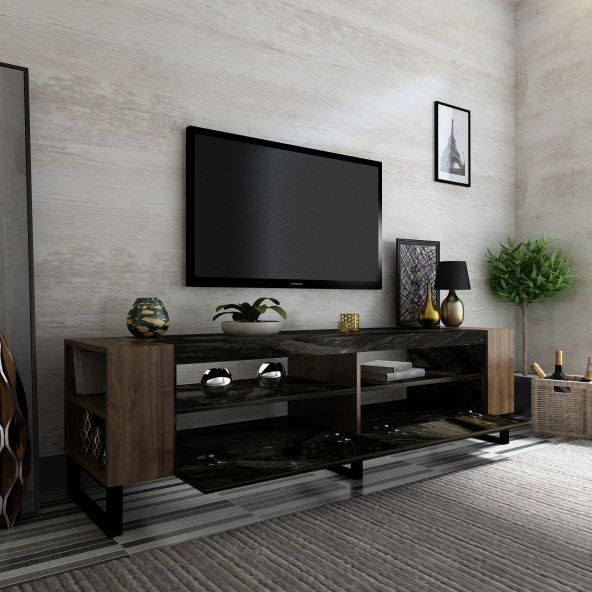 Snow Tv Ünitesi 42 cm Derinlik Demir Ayaklı Mermer - Ceviz x2022-3