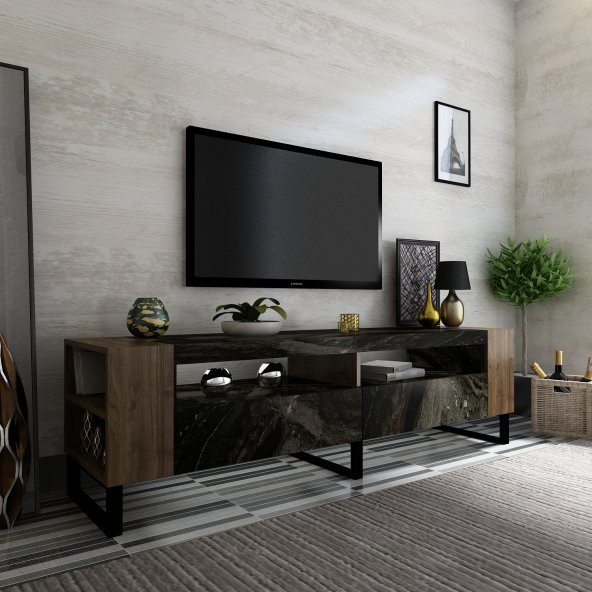 Snow Tv Ünitesi 42 cm Derinlik Demir Ayaklı Mermer - Ceviz x2022-3 - Resim 2