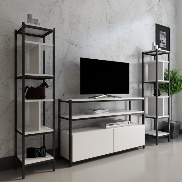 Roman Tv Ünitesi + 2li Kitaplık Beyaz Beyaz - new-D1