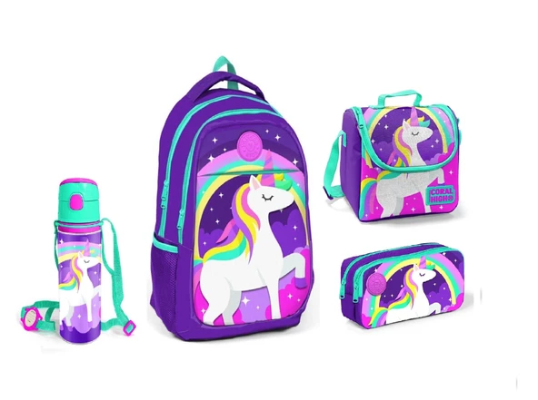 Coral High Lacivert Unicorn Desenli Beslenme Okul Çantası Kalemlik + Matara