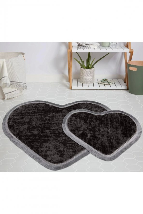 Orkide Home Modern Dekoratif Halı Jel Kaymaz Taban Peluş Puffy Kalp Model SİYAH GRİ Saçaklı Paspas T - 1