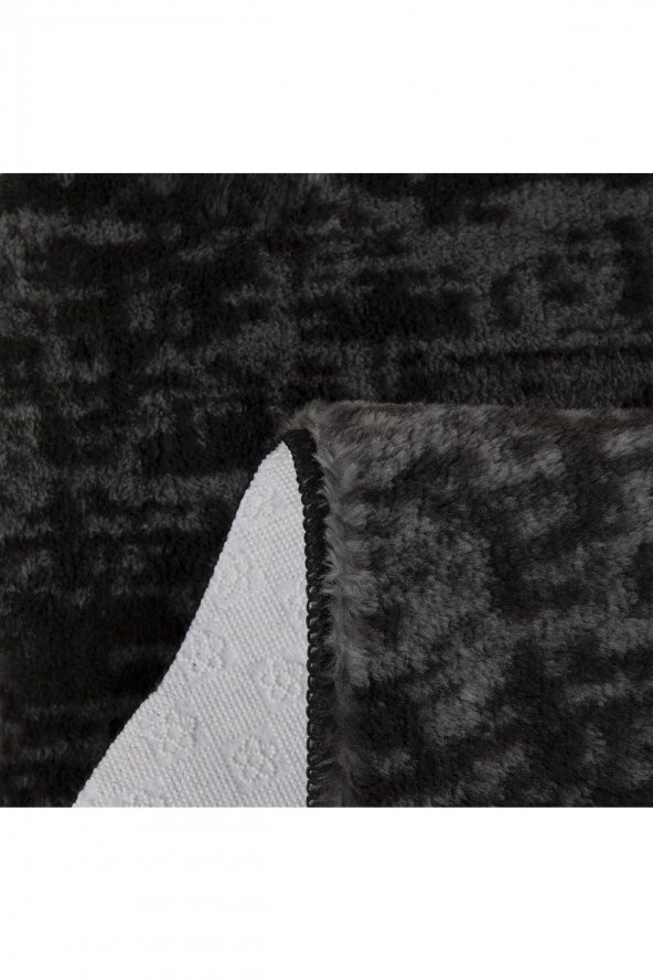 Orkide Home Modern Dekoratif Halı Jel Kaymaz Taban Peluş Puffy Kalp Model SİYAH GRİ Saçaklı Paspas T - 3