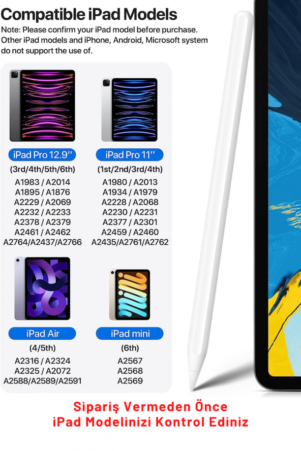 iPad 6. Nesil 12.9 inç Uyumlu Kablosuz Şarj Olabilen Avuç İçi ve Eğim Özellikli Kalem - 4