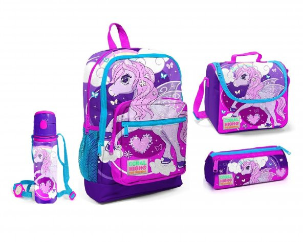 Coral High Mor Unicorn Desenli Beslenme Okul Çantası Kalemlik + Matara ürün görseli