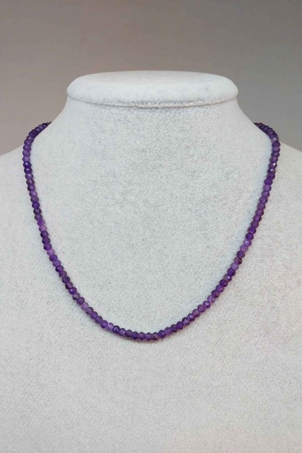 Ametist Taşı Rondela Faset Kesim 3.5*2.5mm 1000 Ayar Gümüş İpli Kolye (Klipsli) ürün görseli