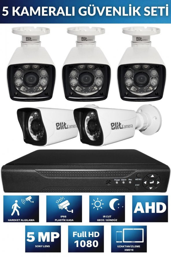 5 kameralı güvenlik seti SONY Lensli 1080p  - Gece Görüşlü - Su Geçirmez - Cepten Izle 1TB Hard disk