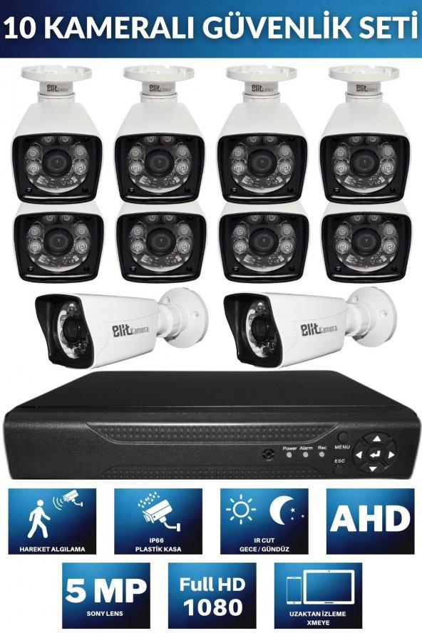 10 kameralı güvenlik seti SONY Lensli 1080p  - Gece Görüşlü - Su Geçirmez - Cepten Izle 500 GB Hard disk