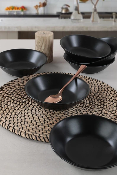 Keramika Mat Siyah Hitit Yemek Tabağı 18 Cm 6 Adet