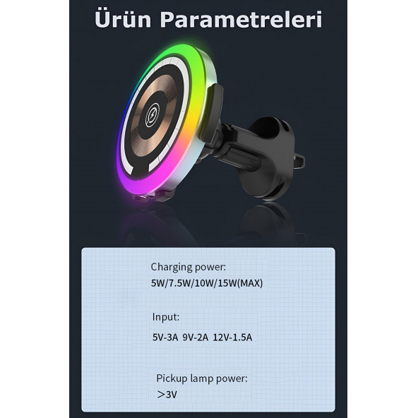 W05 Araç içi Kablosuz Şarj-Işıklı Araba Şarj-Manyetik-15W hızlı araç şarj cihazı-Araç Telefon Tutucu - 5