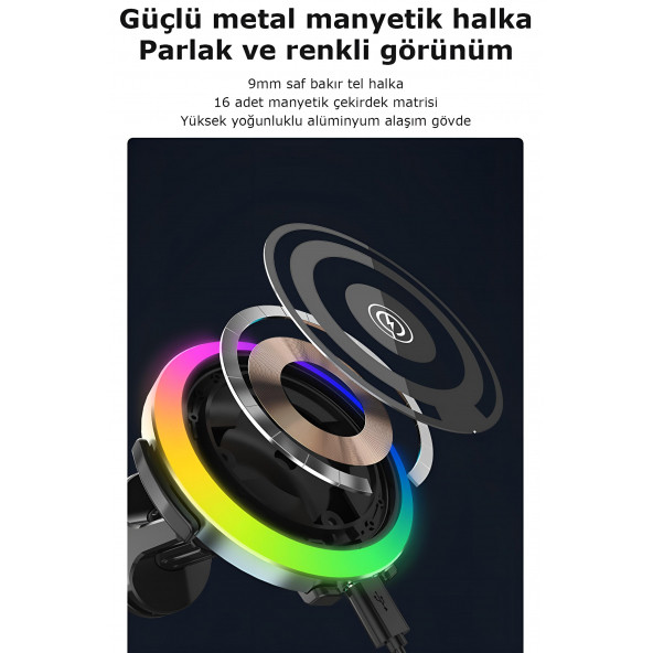 W05 Araç içi Kablosuz Şarj-Işıklı Araba Şarj-Manyetik-15W hızlı araç şarj cihazı-Araç Telefon Tutucu - 8