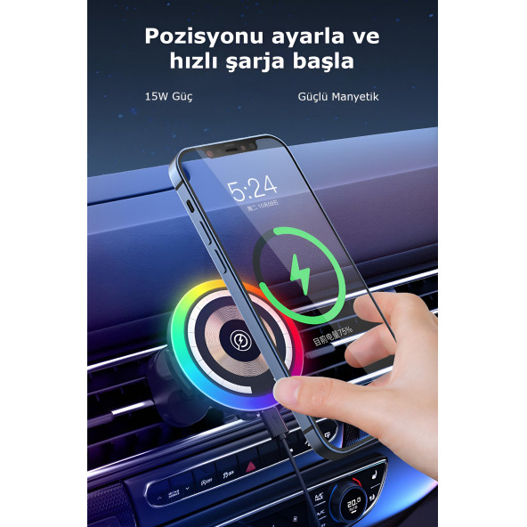 W05 Araç içi Kablosuz Şarj-Işıklı Araba Şarj-Manyetik-15W hızlı araç şarj cihazı-Araç Telefon Tutucu - 9
