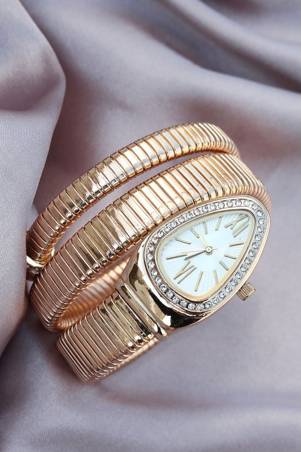 Yeni Sezon Roma Rakamlı Gold Renk Beyaz Kadran Taşlı Yılan Model Kadın Saat - BJ-BS3380 - 1