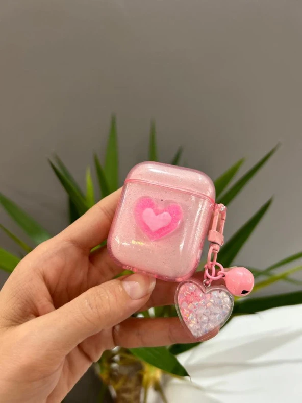 Airpods 2.Nesil Uyumlu Simli Pembe Kalp Tasarımlı Love Kılıf - 2