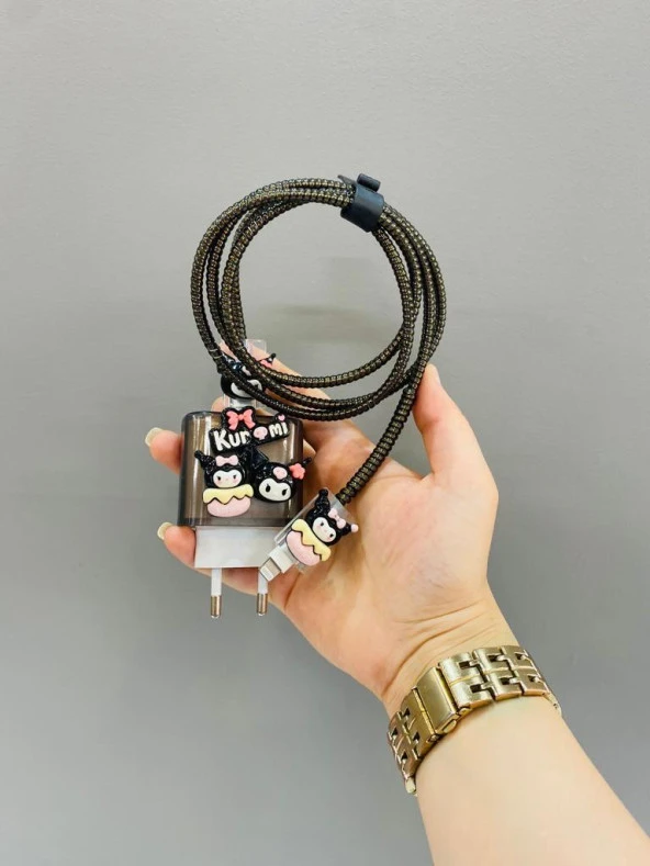 Şarj Başlığı Ve Kablo Koruyucu 4'lü Set Sevimli Kuromi Set