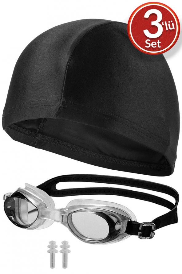 3lü Set Yüzücü Gözlüğü Kumaş Bone Kulak Tıkaçlı Set Yüzme Havuz Deniz Gözlüğü Siyah