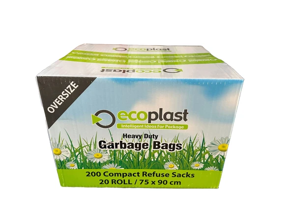 Ecoplast Battal Boy Siyah Çöp Torbası Poşeti - 300 Gr. - 75 x 90 Cm / 10 Adetlik 20 Rulo / Koli