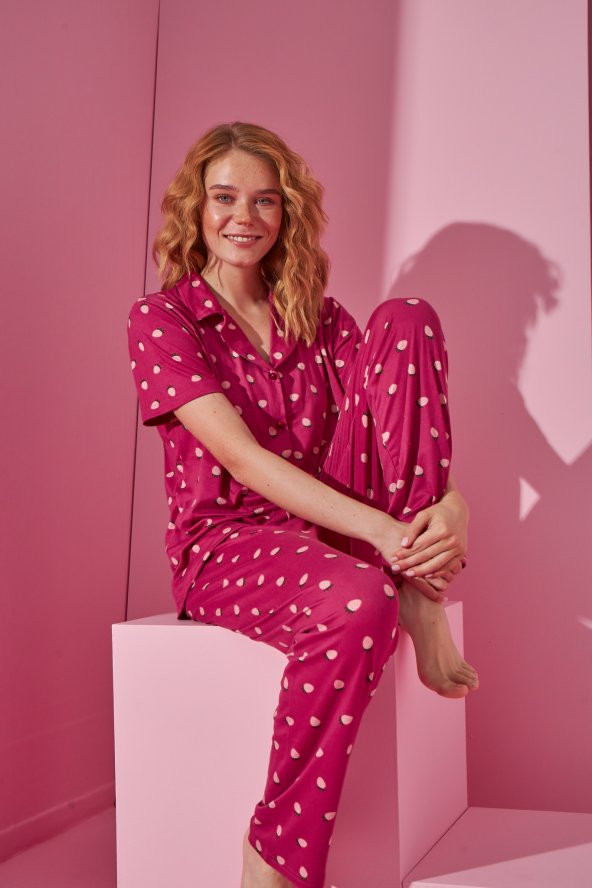 Dreamy Kısa Kollu Desenli Önden Düğmeli Gömlek Pijama Takımı