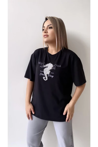 Inci Işlemeli Adven Ture Tişört/Siyah - 4