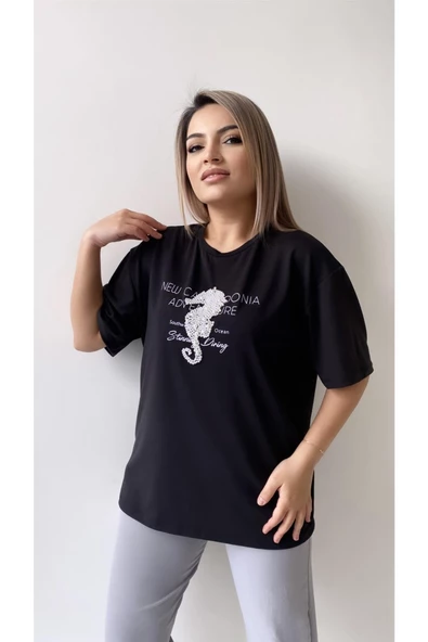 Inci Işlemeli Adven Ture Tişört/Siyah - 6