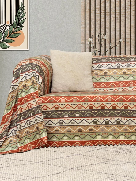 SoftMicro Etnik Desenli Boho 180x300 cm Koltuk Örtüsü Şalı, Kanepe Örtüsü, Tv Battaniyesi  Doğal Renk - 3