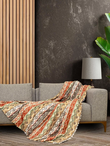 SoftMicro Etnik Desenli Boho 180x300 cm Koltuk Örtüsü Şalı, Kanepe Örtüsü, Tv Battaniyesi  Doğal Renk - 2