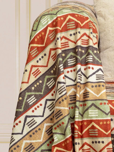 SoftMicro Etnik Desenli Boho 180x300 cm Koltuk Örtüsü Şalı, Kanepe Örtüsü, Tv Battaniyesi  Doğal Renk - 4