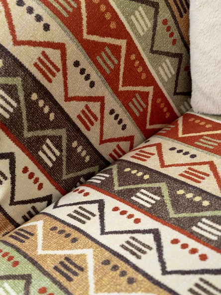 SoftMicro Etnik Desenli Boho 180x300 cm Koltuk Örtüsü Şalı, Kanepe Örtüsü, Tv Battaniyesi  Doğal Renk - 6