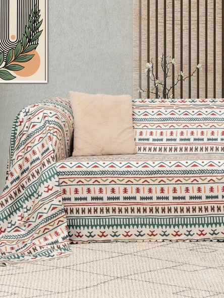 SoftMicro Etnik Desenli Boho180x300 cm  Koltuk Örtüsü Şalı, Kanepe Örtüsü, Tv Battaniyesi Turkuaz - Resim 3