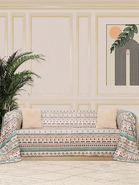 SoftMicro Etnik Desenli Boho 180x220 cm Koltuk Örtüsü Şalı, Kanepe Örtüsü, Tv Battaniyesi Turkuaz
