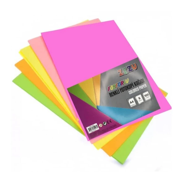 Zizu Renkli Fotokopi Kağıdı A4 Fosforlu 5 Renk 100lü Paket