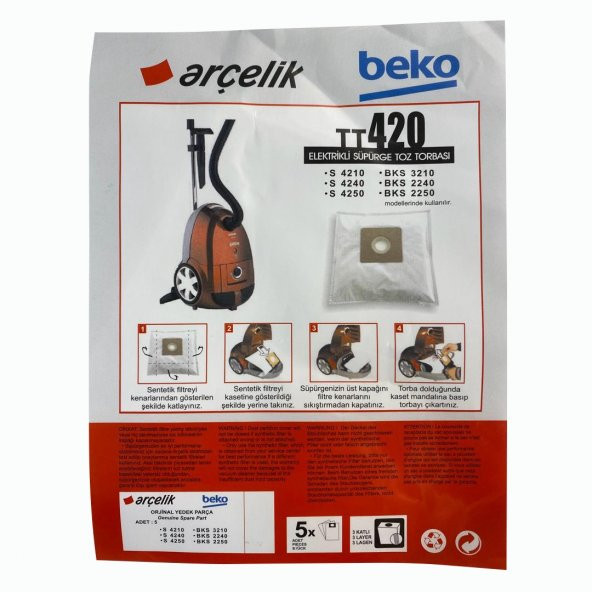 Arçelik Arçelik S 4210,S 4240C,S 4250,TRB 6986 B Orjinal Elektrikli Süpürge Toz Torbası (5 Adet)