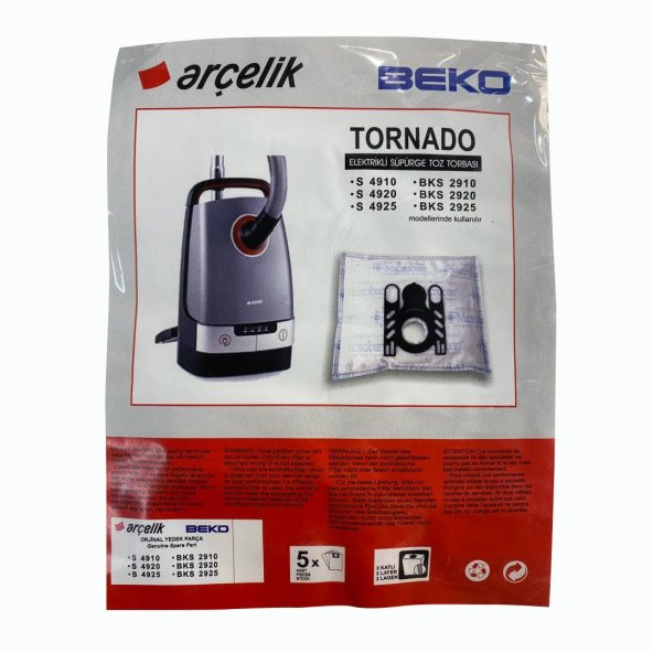 Arçelik Arçelik S 4910,S 4920,S 4925,S 4940 Tornado Orjinal Elektrikli Süpürge Toz Torbası (5 Adet)