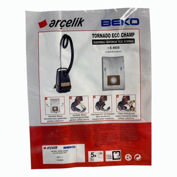 Arçelik Arçelik S 4935 TornadoEco Orjinal Elektrikli Süpürge Toz Torbası (5 Adet)