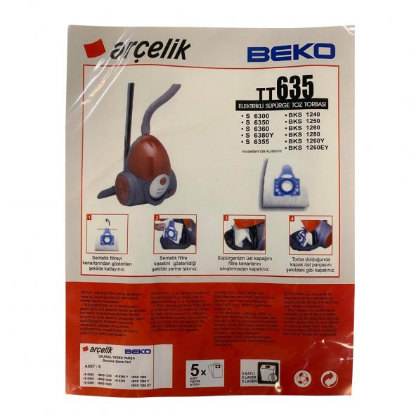Arçelik Arçelik S 6255 B,S 6355 YP Orjinal Elektrikli Süpürge Toz Torbası (5 Adet)