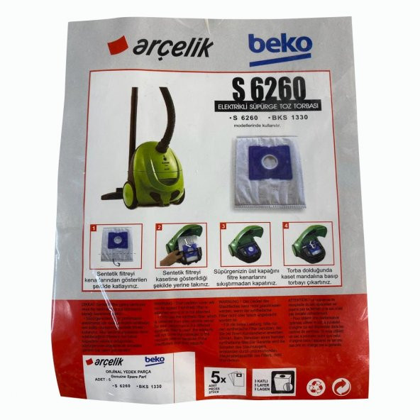 Arçelik Arçelik S 6260 Orjinal Elektrikli Süpürge Toz Torbası (5 Adet)