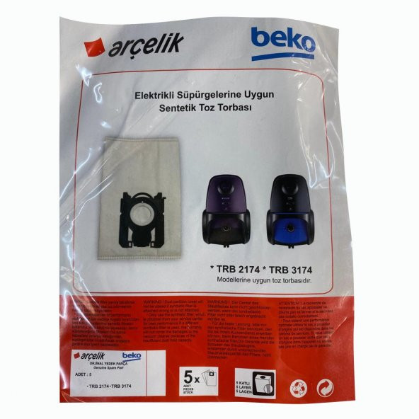 Arçelik Arçelik TRB 3174 Orjinal Elektrikli Süpürge Toz Torbası (5 Adet)