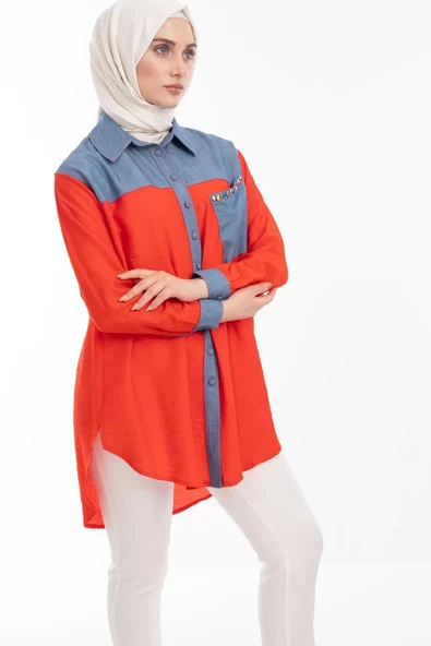 Taş İşlemesi Fay Tencel Tunik - Kırmızı - 6