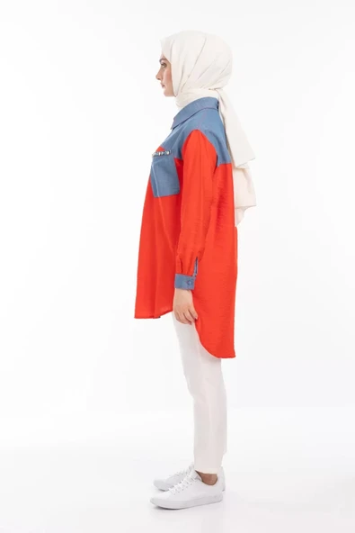 Taş İşlemesi Fay Tencel Tunik - Kırmızı - 3