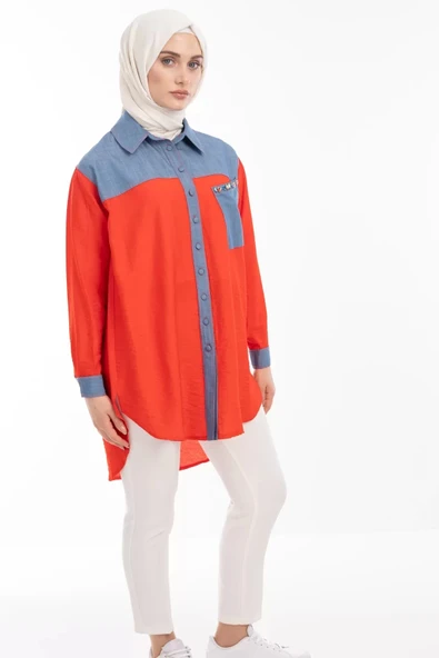 Taş İşlemesi Fay Tencel Tunik - Kırmızı - 5