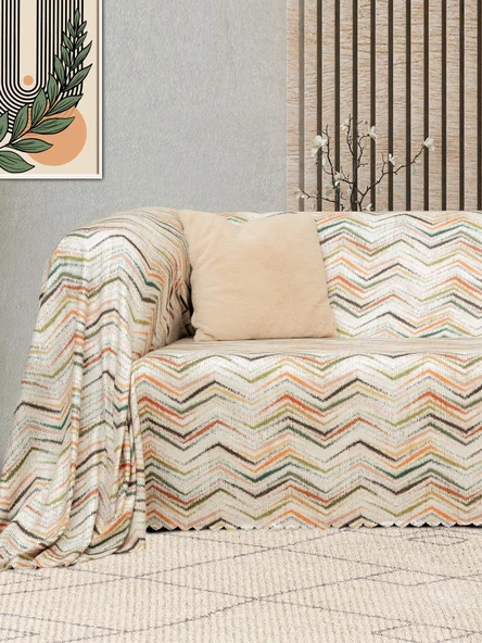 SoftMicro Zikzak Desenli 130x180 cm Koltuk Örtüsü Şalı, Kanepe Örtüsü, Tv Battaniyesi Krem - 2