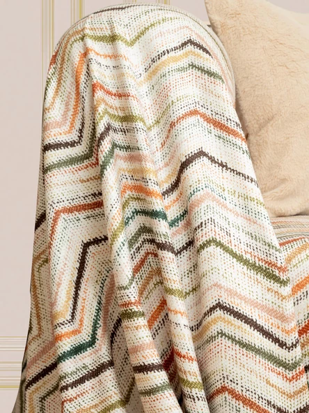 SoftMicro Zikzak Desenli 130x180 cm Koltuk Örtüsü Şalı, Kanepe Örtüsü, Tv Battaniyesi Krem - 3